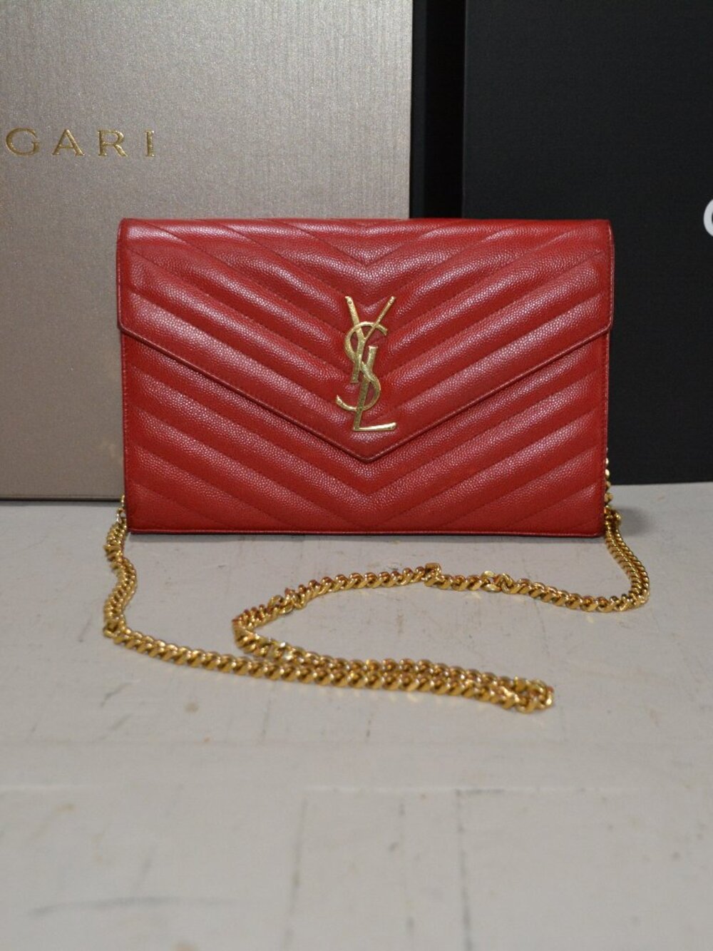 YSL Signature Cassandre Wallet with Gold Chain Strap